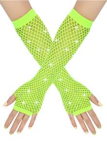 1 Pair 80s Y2K Style Rhinestone Fishnet Fingerless Gloves, Women Mesh Sleeve Decor Accessory For Wedding, Tea Party - Fishing Net Gloves - View 24