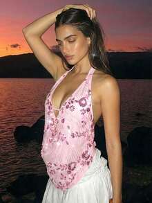 Canotta da donna rosa glamour di lusso con paillettes floreali scintillanti, scollo a V profondo, collo all'americana, completamente senza schienale, adatta per l'estate e l'autunno, per festival, serate fuori e clubwear - Rosa - Visualizzare 6