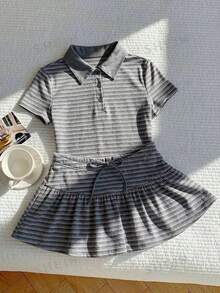 Conjunto de 2 piezas de camiseta de manga corta a rayas y minifalda casual de verano para mujer - Gris - Ver 2