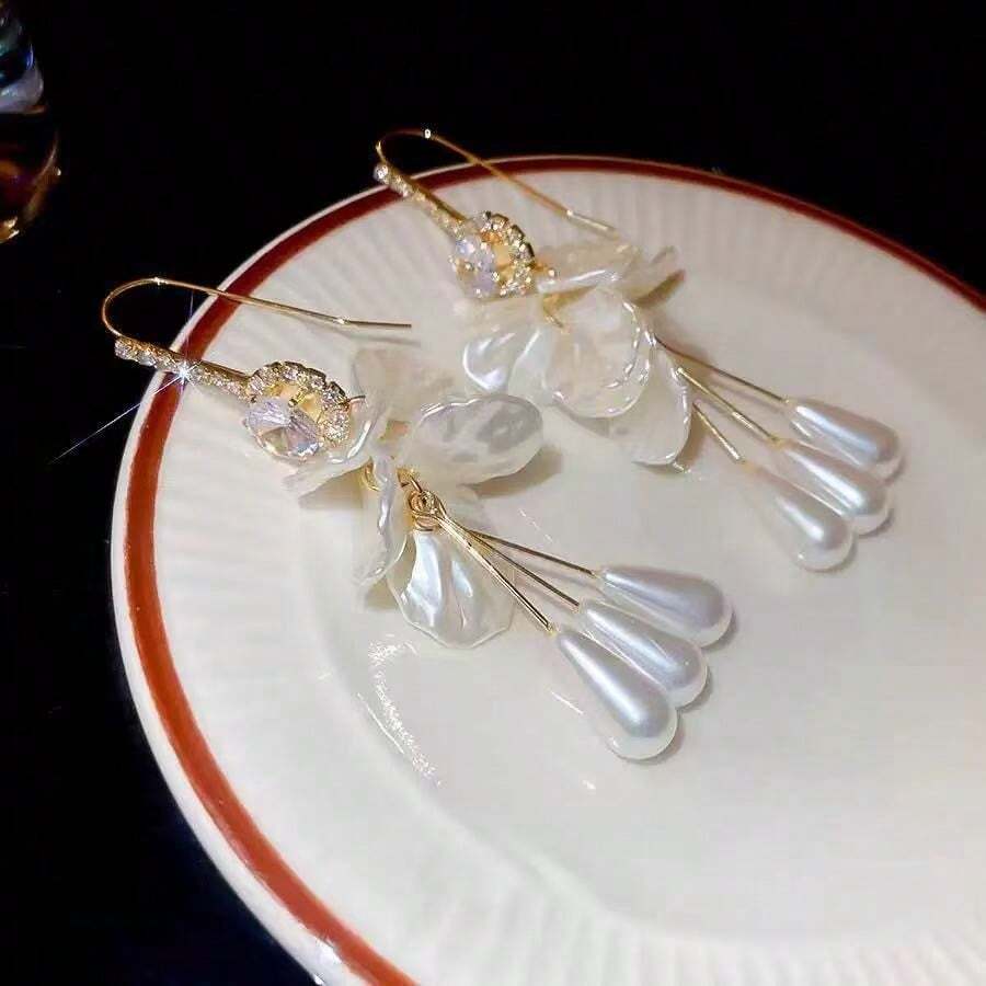 长款花瓣水滴流苏耳环,奢华优雅耳钩式耳环,百搭时尚配饰 - 彩色 - 查看 1