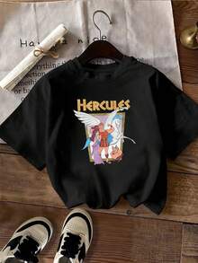 Illustration Inspired By Greek Mythology Showing A Hero With Divine Strength Alongside An Elegant Woman, A Winged Horse, And A Cheerful Creature Symbolizing Courage And Friendship. Comfortable Casual Women's T-Shirt For Everyday Wear. - 黑色 - 查看 2