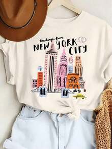 GiftGiftGiftGiftMexican National Soccer Team T-ShirtWomen's Relaxed Fit T-Shirt With Y2K Print, Crew Neck - Women's Graphic Tee With New York City Skyline - Casual Short Sleeve Crew Neck T-Shirt With Statue Of Liberty And Brooklyn Bridge Design, "Fall For New York City" Text, Machine Washable, Summer And Spring T-Shirt, New York T-Shirt, Urban Style, Fun Design, Breathable Material, Printed T-Shirt, For Fashion Enthusiasts - Summer Festival Fashion, Heavyweight Adult T-ShirtsSoftSoftSoftSoft - 杏色 - 查看 8