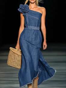 Vestido mujer estilo tubo retro y moderno, corto delante y largo detrás con volantes - Nueva colección 2026 - Azul - Ver 1