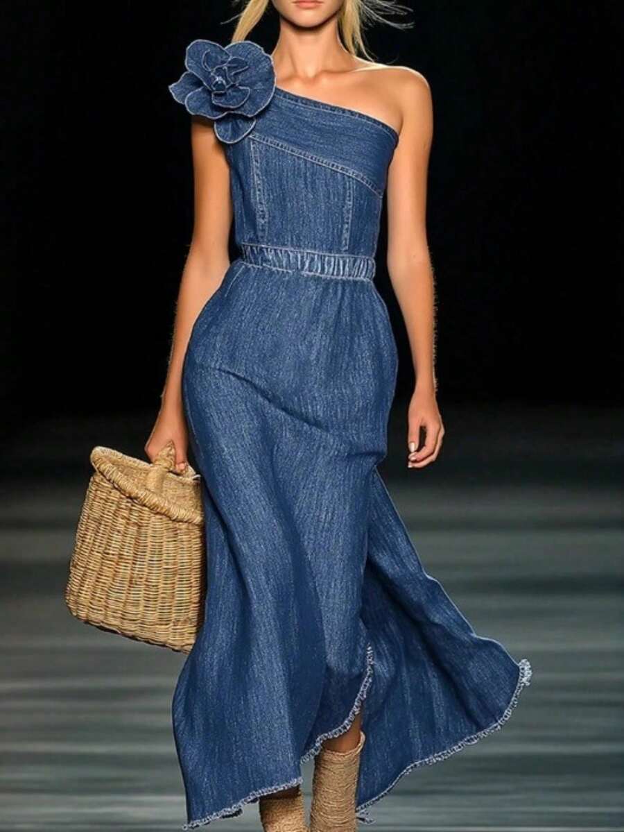 Vestido mujer estilo tubo retro y moderno, corto delante y largo detrás con volantes - Nueva colección 2026 - Azul - Ver 1