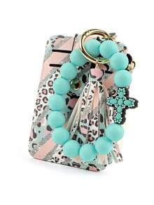 1pc Fashionable Leopard Print PU Leather Wallet, Silicone Bead Bracelet Wrist Chain Keychain, Accessory Mother's Day Gift - Multicolor - View 1