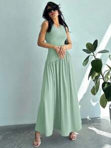 Vestido largo de mujer sin mangas, cuello redondo, cintura fruncida, unicolor, estilo minimalista - Verde - Ver 6