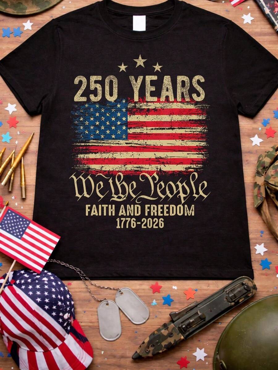Camiseta "250 años nosotros el pueblo", Fe y libertad 1776-2026, Camiseta vintage con la bandera estadounidense, Semiquincentenario de EE. UU., Cristiana patriótica. Camiseta unisex de algodón puro de 220 g, peso ideal para todas las estaciones, adecuada tanto para hombres como para mujeres. Tejido duradero de alta calidad, suave al tacto y de larga duración. Parte superior transpirable. Adecuada para la primavera y el verano de las mujeres, vacaciones, Día de la Madre, Día de la Independencia. - Negro - Ver 1