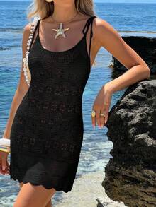 Women's French Crochet Hollow-Out Knitted Summer High-End Seaside Resort Bohemian Sexy Sheer Sleeveless Tie-Up Cover-Up A-Line Mini Dress Beach - Black - View 7