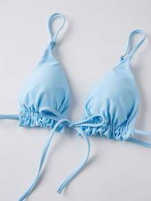 Women 2-Piece Swimsuits Cute Ruffles Tie Front Bikini Bra And Side Drawstrings Thong Sets For Bathing Suit - Blue - View 7