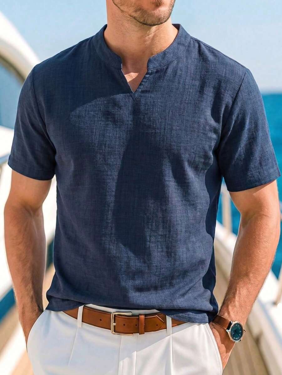 1pc Men's Navy Blue Linen-Like Texture Henley Neck T-Shirt, Loose Dropped Shoulder Design, Lightweight Breathable Drapey Fabric, Casual Beach Vacation Style, Machine Washable, Suitable For Summer, Soft - Navy Blue - View 1