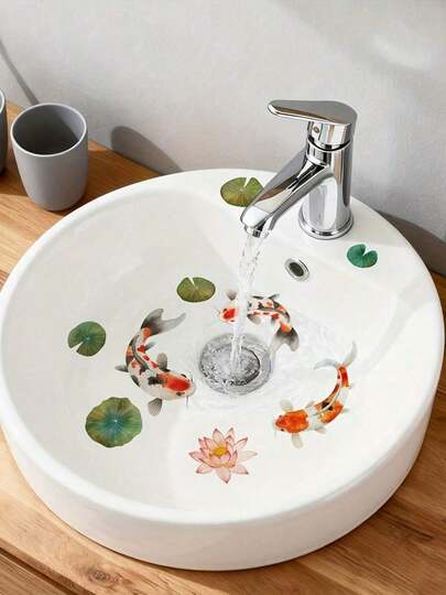 1pc Chinese-Style Koi And Lotus Flower Washbasin Sticker, Bathroom Basin Decoration Sticker, Creative Waterproof And Beautifying Washbasin Sticker