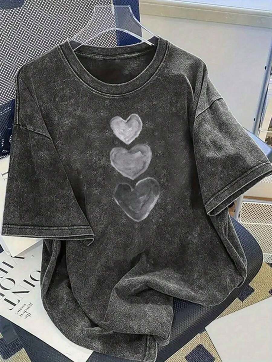 1 pieza - Camiseta de mujer casual para el Día de San Valentín - Camiseta de manga corta con cuello redondo, estampada, ligera y suave, top de moda de verano, camiseta informal, camiseta lavada, apariencia elegante, 180g 100% algodón - Negro - Ver 1
