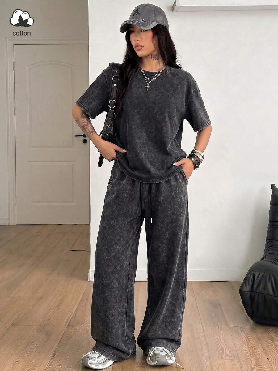 LQTY 棉質女款 2 件式運動套裝:純色休閒運動服-黑色水洗復古短袖 T 恤搭配抽繩寬鬆長褲,優雅風格 - 黑色 - 查看 1