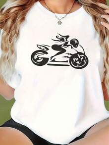 Camiseta de mujer con estampado de motocicleta, moda de verano para mujer, casual, cómoda, suave, adecuada para actividades diarias al aire libre, fitness, transpirable, de manga corta y cuello redondo. - Blanco - Ver 1