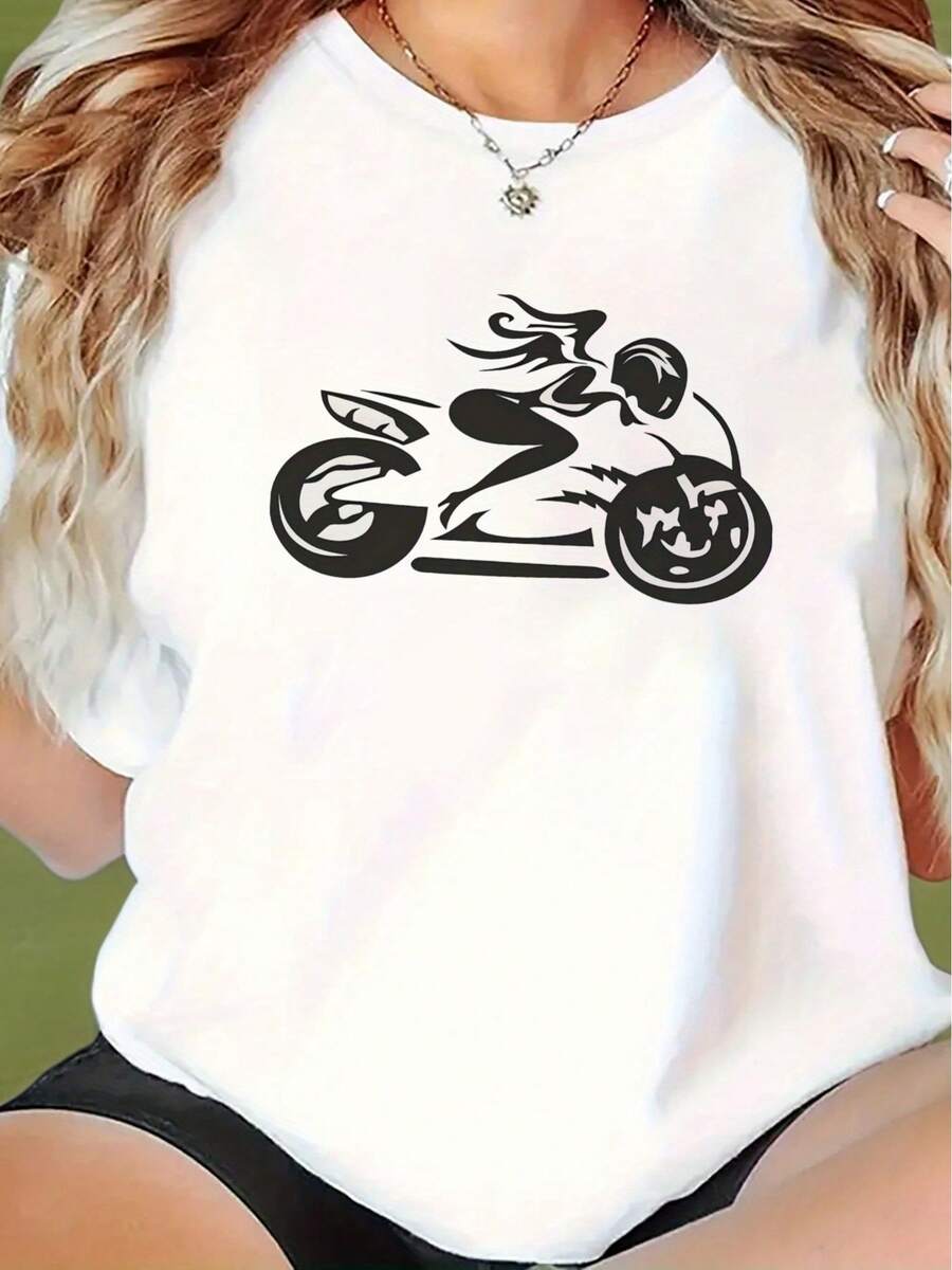 Camiseta de mujer con estampado de motocicleta, moda de verano para mujer, casual, cómoda, suave, adecuada para actividades diarias al aire libre, fitness, transpirable, de manga corta y cuello redondo. - Blanco - Ver 1