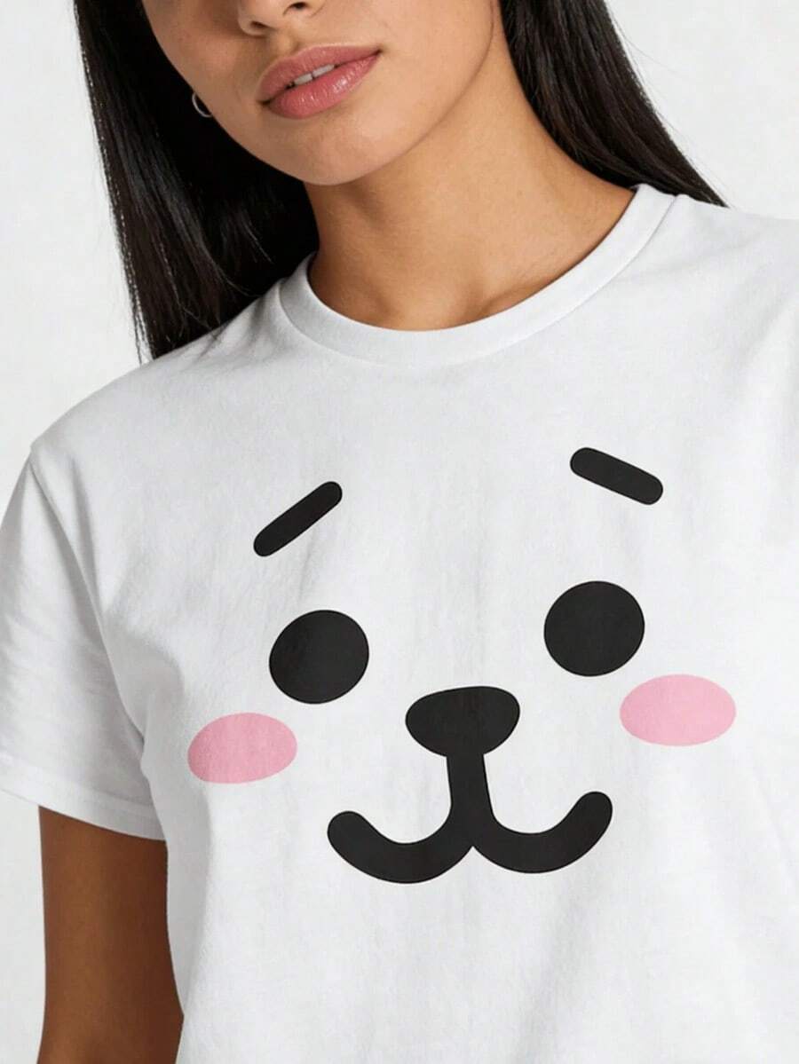 Bangtan Bt21 Rj Jin shirt Camiseta informal de moda con estampado creativo para mujer, de manga corta y cuello redondo, para primavera y verano T-Shirt Women Festive Celebration Shirt Party Wear Top Blusas Bonito 100% Cotton - Blanco - Ver 1