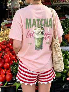 Camiseta de mujer de manga corta y cuello redondo holgada, con estampado gráfico con tema de Matcha Latte, adecuada para vacaciones, oficina, salidas, uso diario, citas, fiestas casuales - Rosa - Ver 5