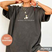 Cute Espresso Cotton Round Neck Fall Clothes T-Shirt With 'Growing A Silly Little Goose' Print For Casual Style Womens Funny Graphic Tee Summer Casual - 黑色 - 查看 1