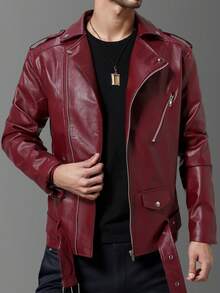 Men's Autumn Jacket In British Punk Style, Slim Fit, Lapel, Zipper And Bias Cut. - Burgundy - View 2