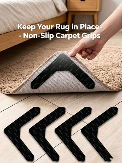 Reusable Rug Grippers For Area Rugs – Anti-Slip Tape Pads With Strong Hold To Stop Sliding, Shifting & Curling Corners , No Residue, Easy To Apply & Remove | 4PCS Set