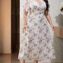 Plus Size Elegant Floral Print V-Neck Waist Tie Dress, Summer - Multicolor - Ver 1