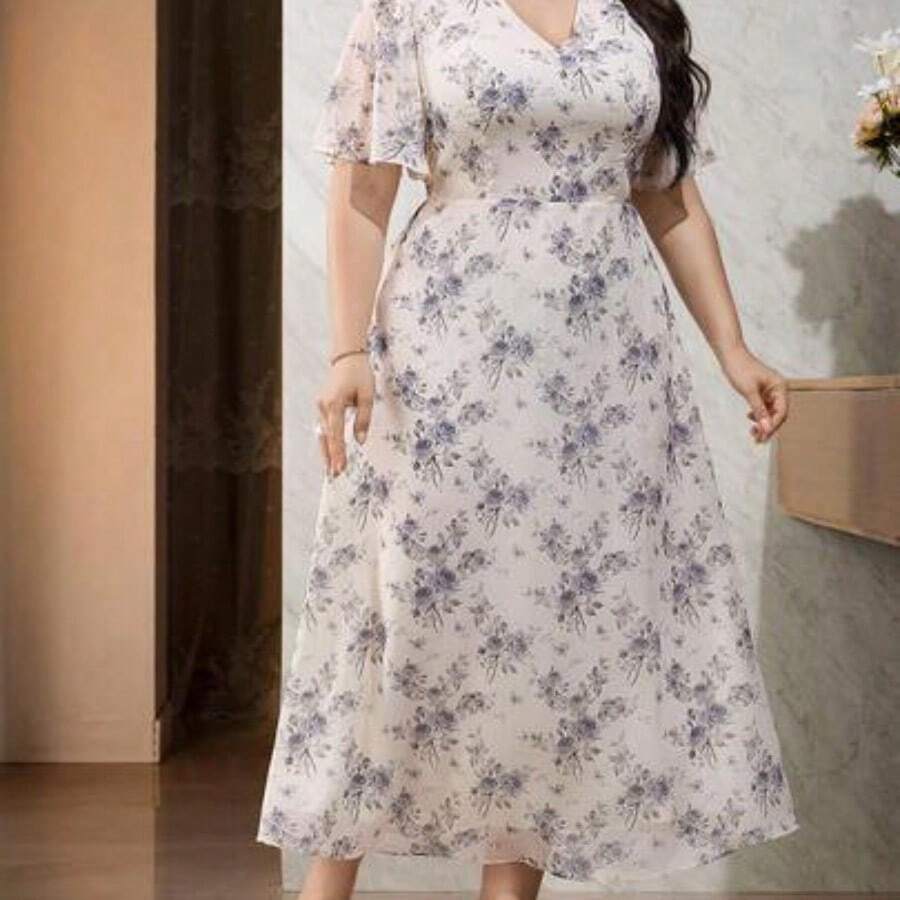 Plus Size Elegant Floral Print V-Neck Waist Tie Dress, Summer - Multicolor - Ver 1