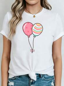 Talla Grande, Camiseta de Mujer con Estampado de Globos Coloridos - Blusa de Manga Corta con Cuello Redondo, Adecuada para Fiestas, Top Casual de Primavera Verano con Patrones de Globos, Blusa Elástica Lavable a Máquina para Uso Diario y Atuendos Festivos. - Blanco - Ver 1