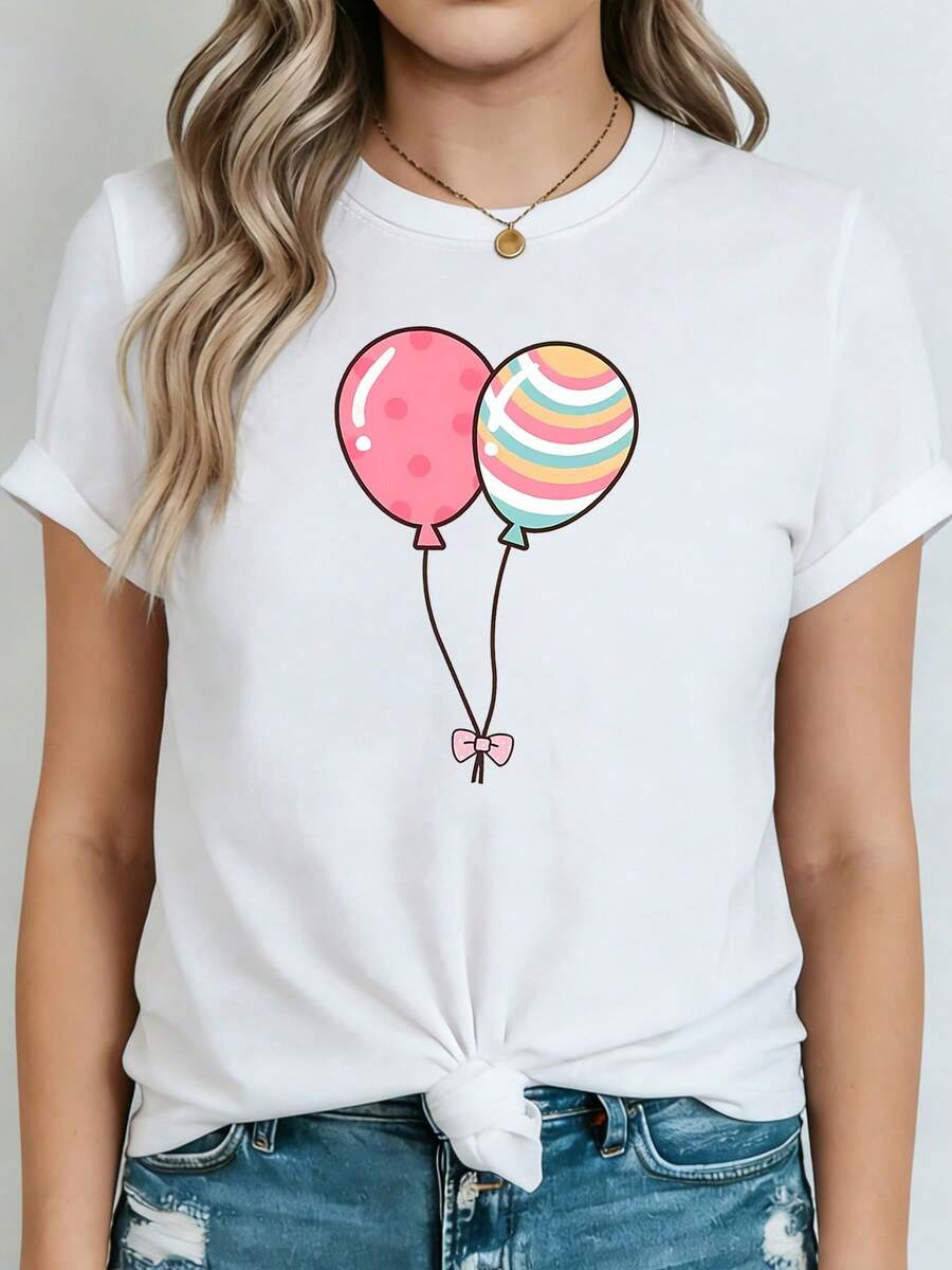 Talla Grande, Camiseta de Mujer con Estampado de Globos Coloridos - Blusa de Manga Corta con Cuello Redondo, Adecuada para Fiestas, Top Casual de Primavera Verano con Patrones de Globos, Blusa Elástica Lavable a Máquina para Uso Diario y Atuendos Festivos. - Blanco - Ver 1