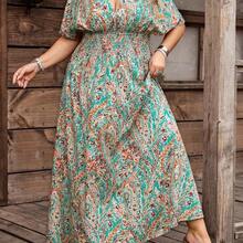 CURVE+ Curve Size Music Festival, Seaside Vacation, BohemiaRandom Print Pleated Elastic Waist Women Beach Dress, Summer Holiday Outfit - Multicolor - Ver 7