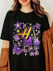 HANNAHS MONTANAS HMS Graphic T-Shirt, Y2K Pop Star Aesthetic Tee, Vintage Purple Butterfly Guitar Idol Fans Merch, Retro 2000s Streetwear Unisex Black Cotton Short Sleeve Top, 20th Anniversary Shirt, Graphic Print T-Shirt - Black - View 6