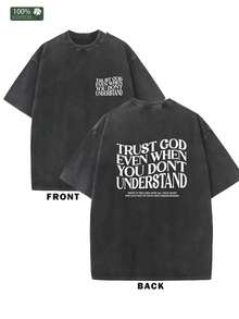 Camiseta lavada de 200 gramos con una divertida impresión de "Cree en Dios". |   Hecho de puro algodón, lavable por ambos lados, estilo casual, diseño de cuello redondo, tela ligeramente elástica, patrón geométrico, adecuado para aventuras al aire libre, viajes, ropa de calle, playa y salidas informales. - Negro - Ver 1