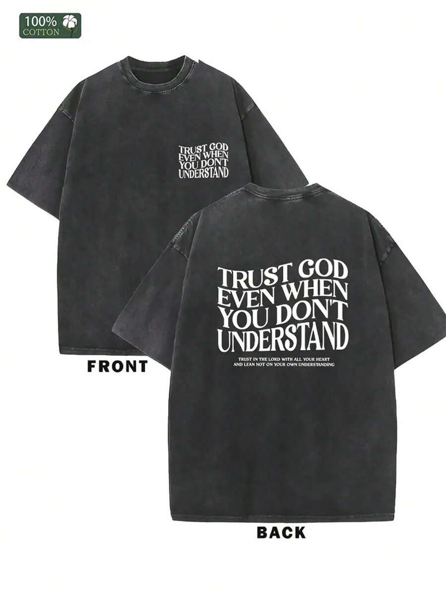 Camiseta lavada de 200 gramos con una divertida impresión de "Cree en Dios". | Hecho de puro algodón, lavable por ambos lados, estilo casual, diseño de cuello redondo, tela ligeramente elástica, patrón geométrico, adecuado para aventuras al aire libre, viajes, ropa de calle, playa y salidas informales. - Negro - Ver 1