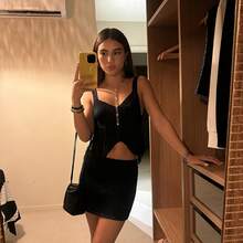 Conjunto de Top Sin Mangas y Falda Corta de Crochet con Flecos para Mujer, Unicolor, Fluido y Delgado para Fiestas y Clubes de Verano - Negro - Ver 3