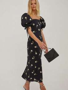 Vestido vacacional floral 2026, cuello barco, manga pompom, corte ajustado largo estilo francés - Negro - Ver 4