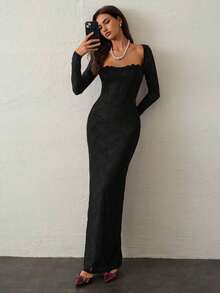 Vestido negro ajustado hasta el suelo con cuello corsé ahuecado y mangas largas con encaje en forma de S sexy para mujer para fiestas, citas y banquetes de otoño/invierno nuevo - Negro - Ver 4
