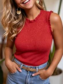 Sexy Slim Fit Camisole, Round Neck Ruffle Trim Sleeveless Design, Ribbed Stretchy Fabric, Slimming & Flattering, Versatile Spring/Summer Layering Top, Pair With Jeans For Chic Look - Red - View 4