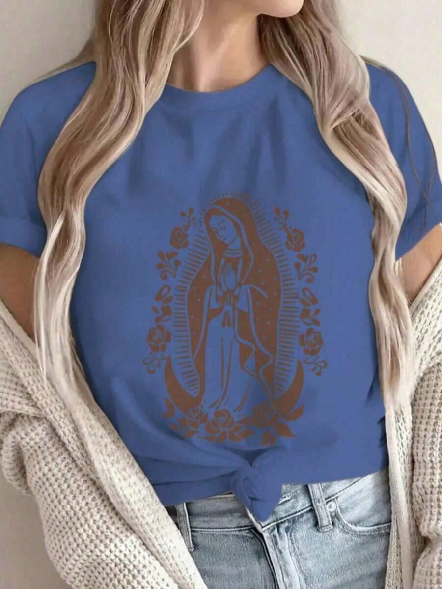 Women's Graphic T-Shirt, Short Sleeve, Round Neck, Casual, Comfortable, Cool, Lightweight, Modern, Youthful, Regular Fit, Print Of The Virgin Of Guadalupe, Monochromatic Roses And Flowers - 皇家藍 - 查看 1