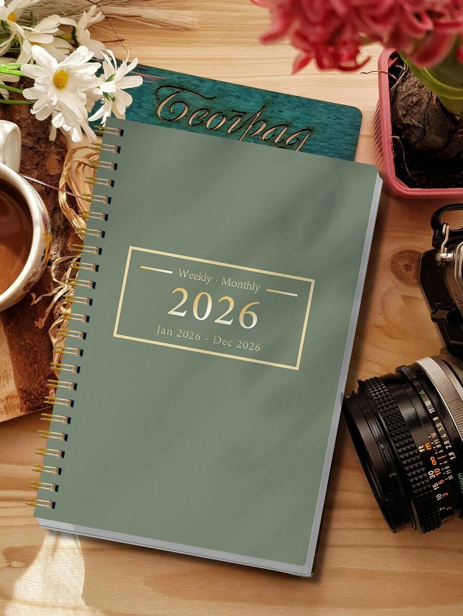2026 Monthly Planner A5 Spiral Notebook, Minimalist Weekly & Monthly Notebook Agenda 2026 Organizer For Goal Setting, Scheduling & Productivity, Back To School Supplies Office Supplies Desk Accessories - Green - View 1