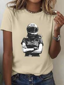 Women's Short-Sleeved Top With A Round Neck In Pure Cotton, Modern Printed Design, Cool And Breathable Fabric, Versatile Garment For Casual Looks, Everyday Occasions And Social Gatherings All Year Round - 杏色 - 查看 8