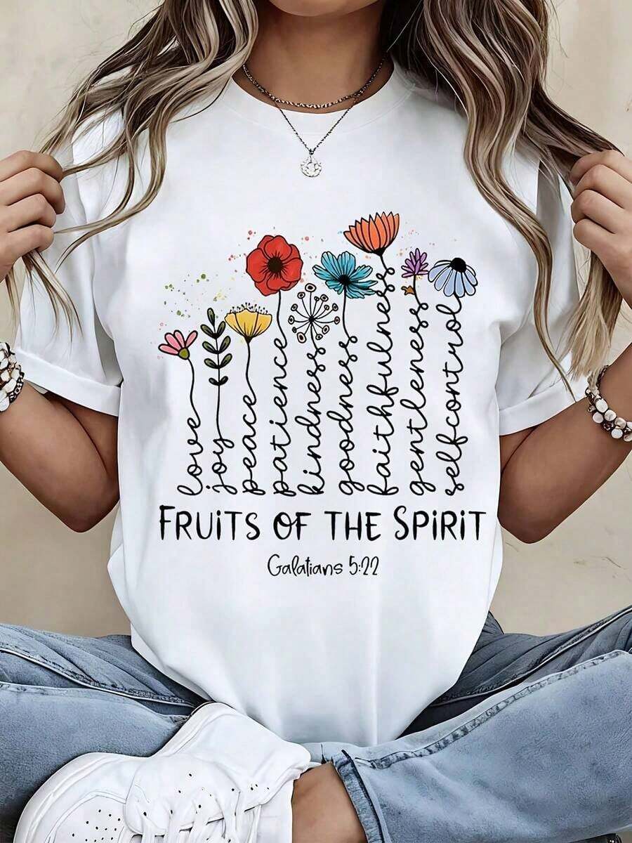 Camia Casual para Mujer Blanca de Manga Corta con Diseño Floral "Frutos del Espíritu" y Texto "Amor, Alegría, Paz, Paciencia, Bondad, Fidelidad, Gentileza, Autocontrol" Galates 522, Transpirable y Cómoda - Blanco - Ver 1
