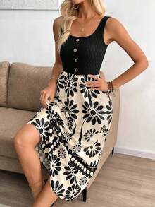 Vestido ajustado sin mangas con estampado de retazos de estilo vacacional para mujer - Blanco y Negro - Ver 5