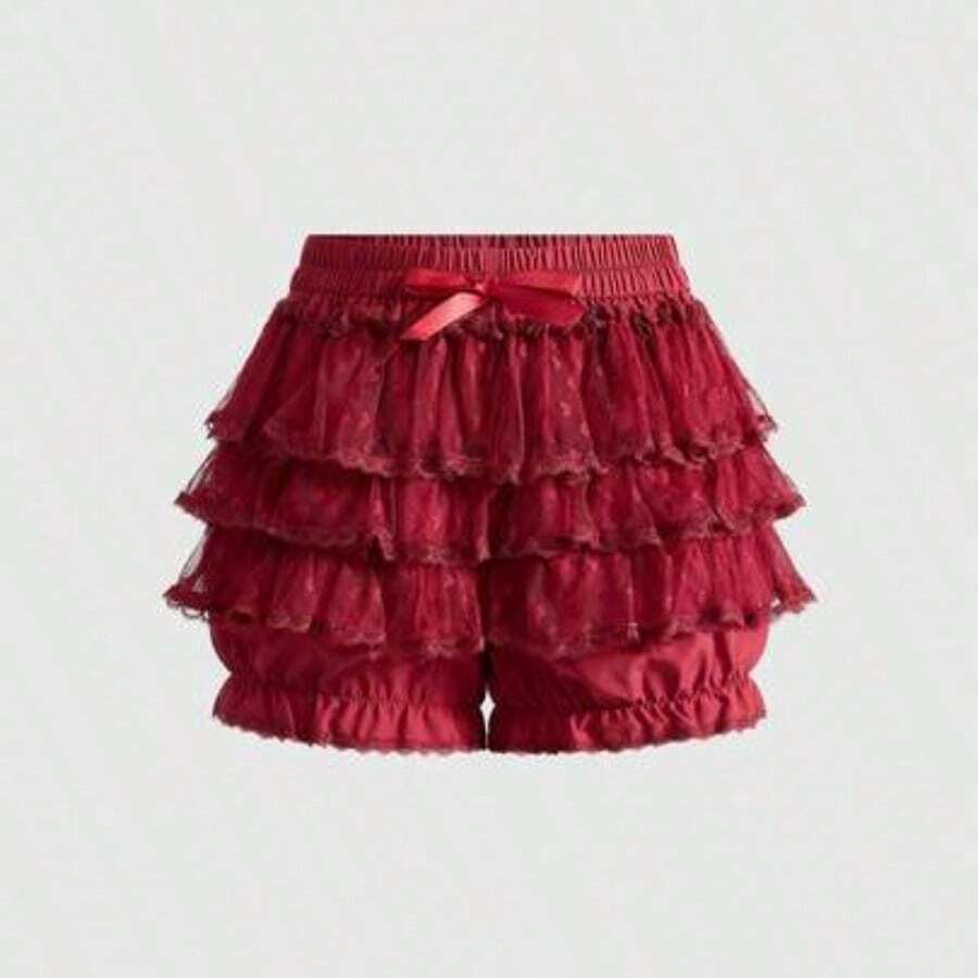 Spring|Summer Carnival Party Casual White Lolita Multilayers Cake Skirt With Bow, White Gothic Lace Splice Bow Solid Pumpkin Lantern Shorts, Bridesmaids Dress - Rojo - Ver 1