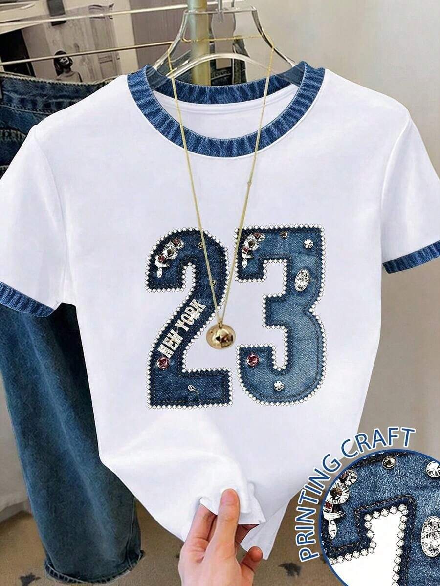 Camiseta de mujer de cuello redondo con estampado de lunares, rayas y corazones - Blanco - Ver 1