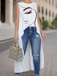 Camisa de mujer sin mangas con estampado de rostro abstracto, corta por delante y larga por detrás, con silueta en línea A - Blanco - Ver 5
