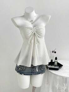 Top de tirantes con cintura ceñida y estampado de lunares, para primavera/verano - Blanco - Ver 3