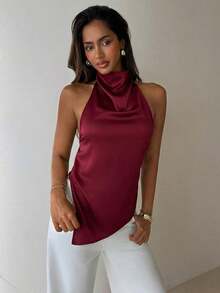 Top sin espalda con cuello halter y bajo asimétrico de unicolor púrpura para mujer, verano, vacaciones.Sencillo y elegante para uso diario y oficina. - Burdeos - Ver 7
