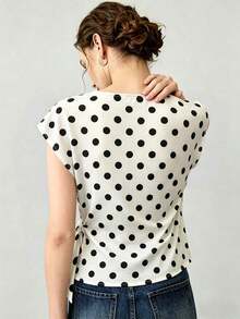 Nueva camiseta de satén de verano para mujer con cuello redondo y lunares elegante - Albaricoque 3 - Ver 2