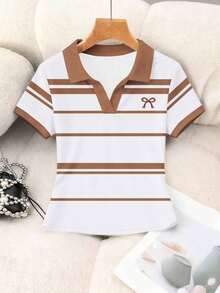 Blusa casual de mujer con cuello polo a rayas y manga corta - Blanco 6 - Ver 4