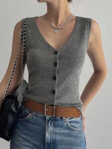 Chaqueta de mujer sin mangas con cuello en V, ajustada, de estilo casual de calle - Blanco - Ver 4