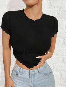Camiseta Negra De Punto Ajustada Para Mujer - Negro - Ver 3
